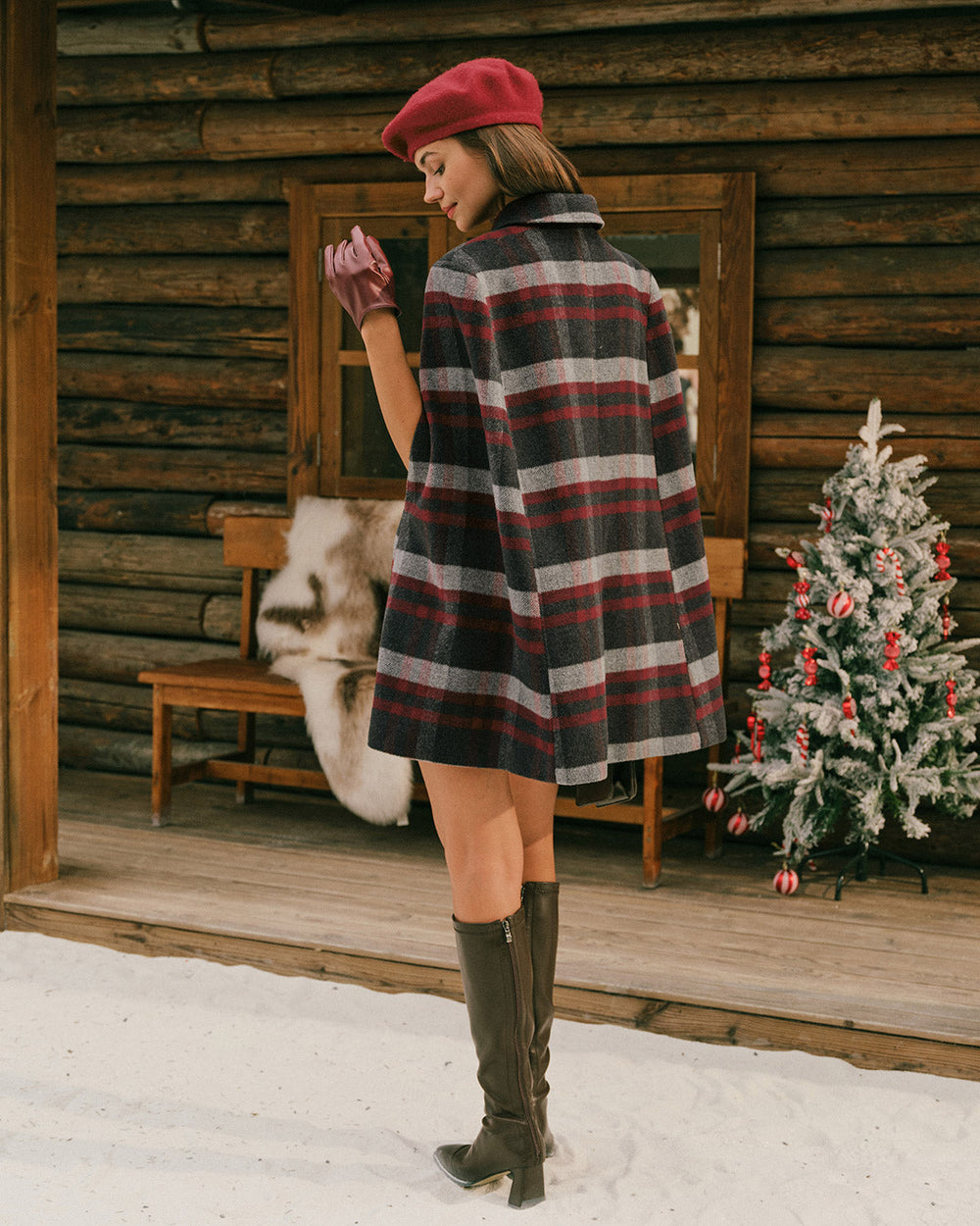 Red Plaid Cape Sleeve Coat | Rihoas
