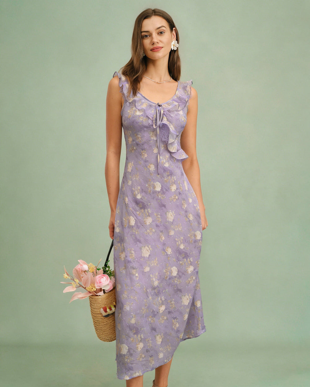 Purple Ruffle Floral Slip Maxi Dress | Rihoas