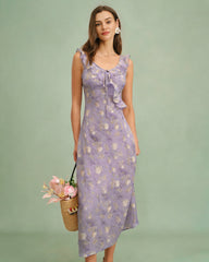 Purple Ruffle Floral Slip Maxi Dress | Rihoas