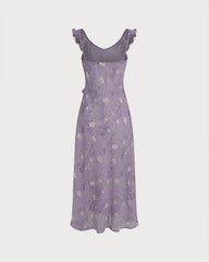 Purple Ruffle Floral Slip Maxi Dress | Rihoas