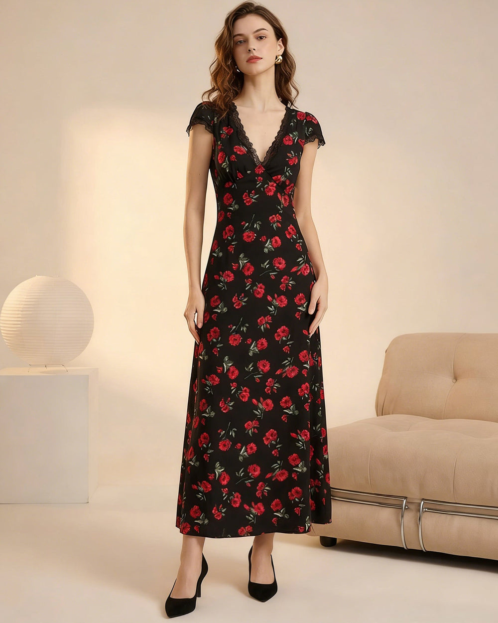 Black Floral V Neck Maxi Dress | Rihoas