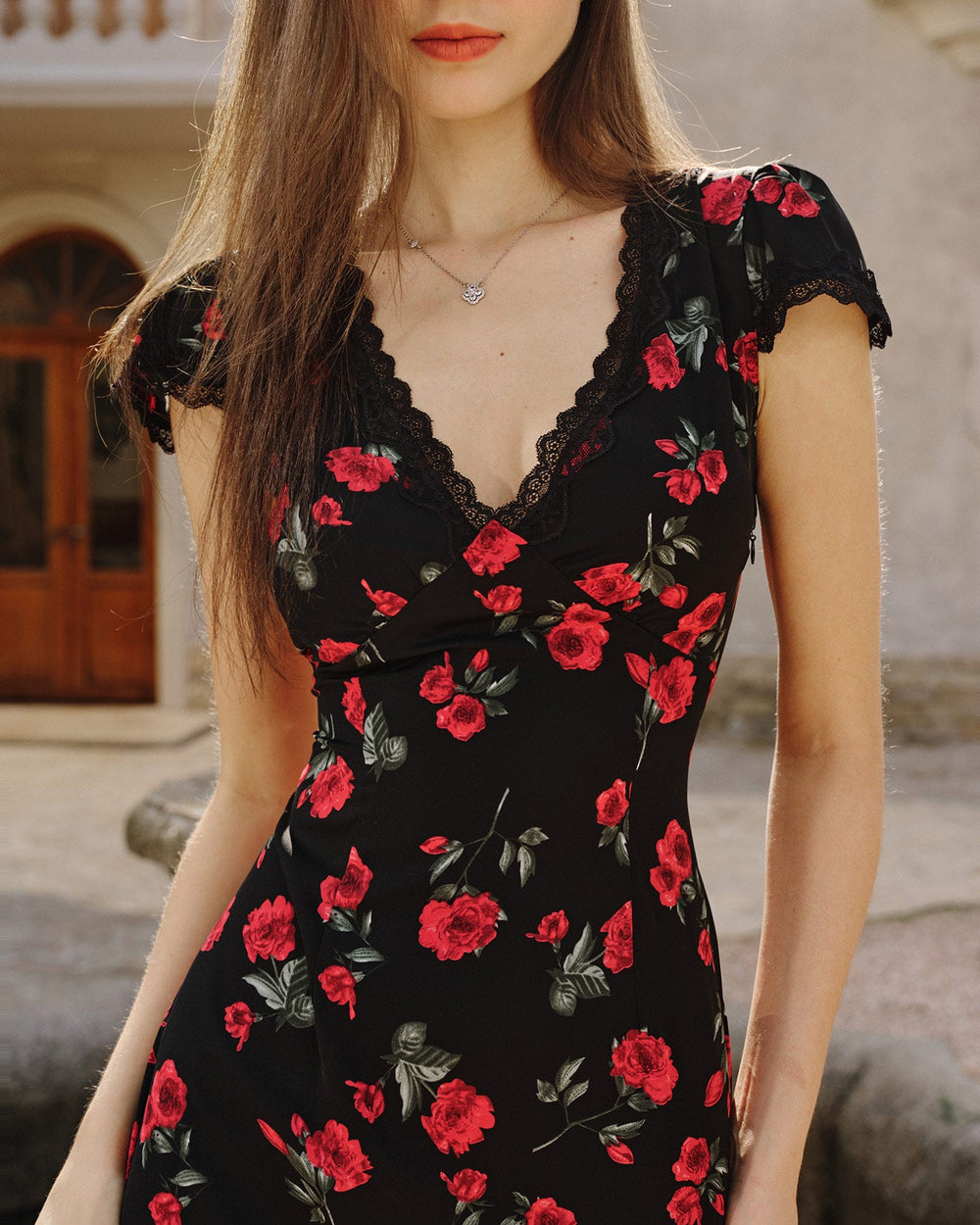 Black Floral V Neck Maxi Dress | Rihoas