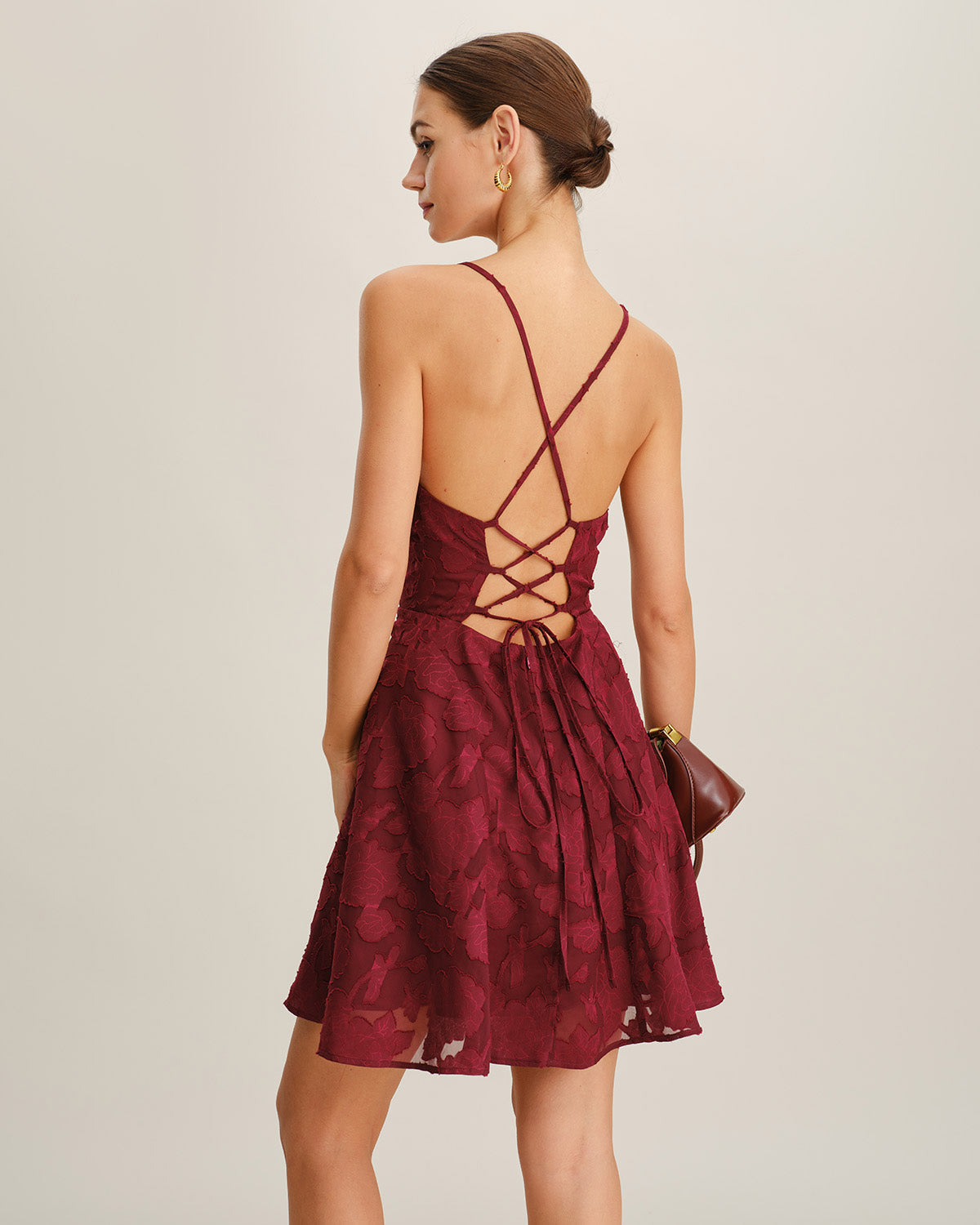 Wine Red Floral Backless Slip Mini Dress | Rihoas