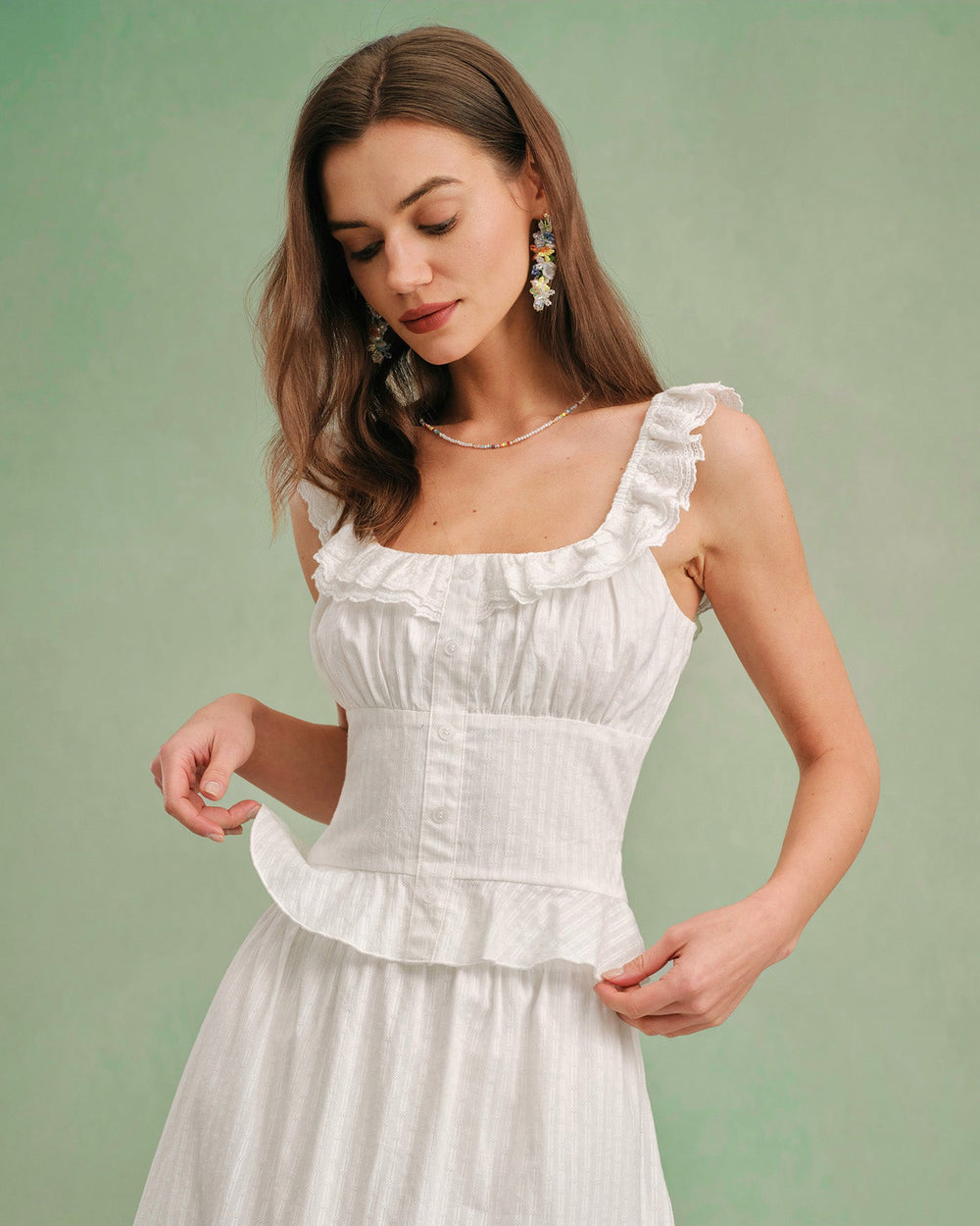 White Square Neck Ruffle Tank Top | Rihoas