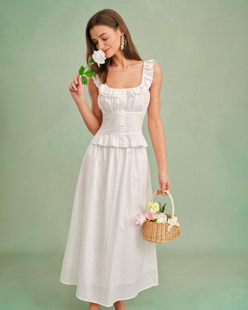 White Square Neck Ruffle Tank Top | Rihoas