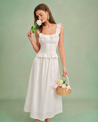 White Square Neck Ruffle Tank Top | Rihoas