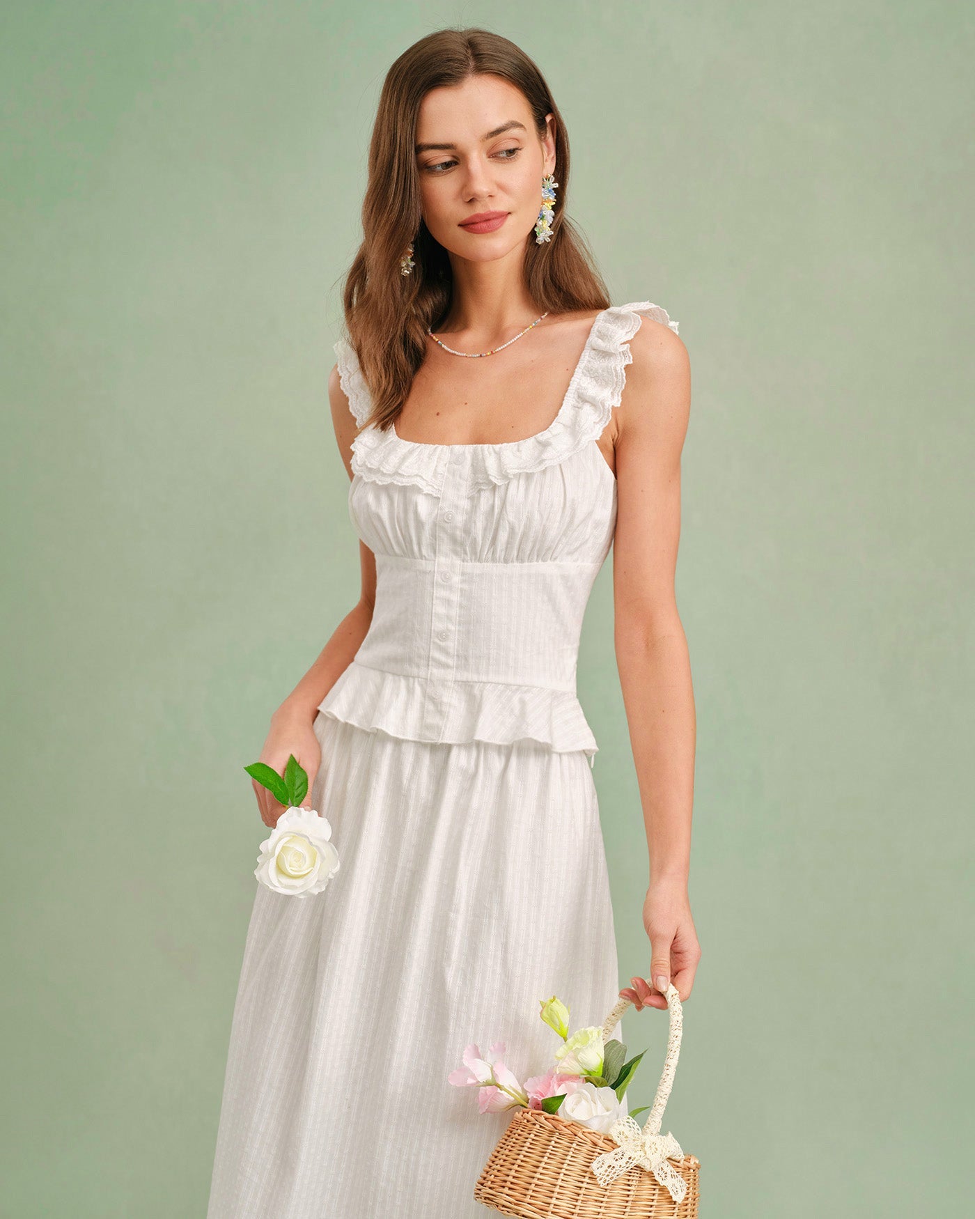 White Square Neck Ruffle Tank Top | Rihoas