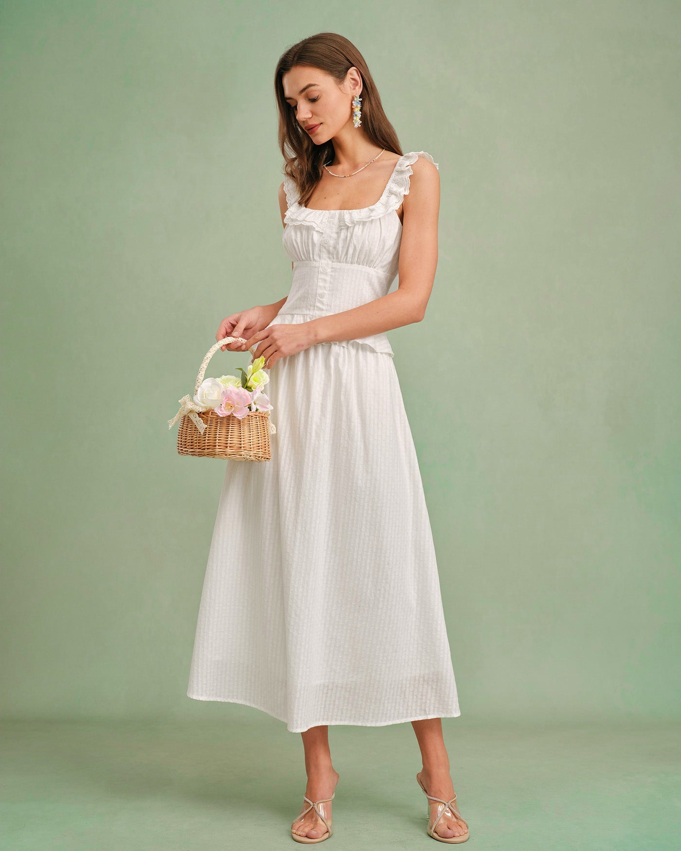White Square Neck Ruffle Tank Top | Rihoas