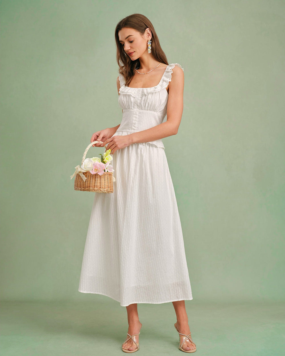 White Square Neck Ruffle Tank Top | Rihoas