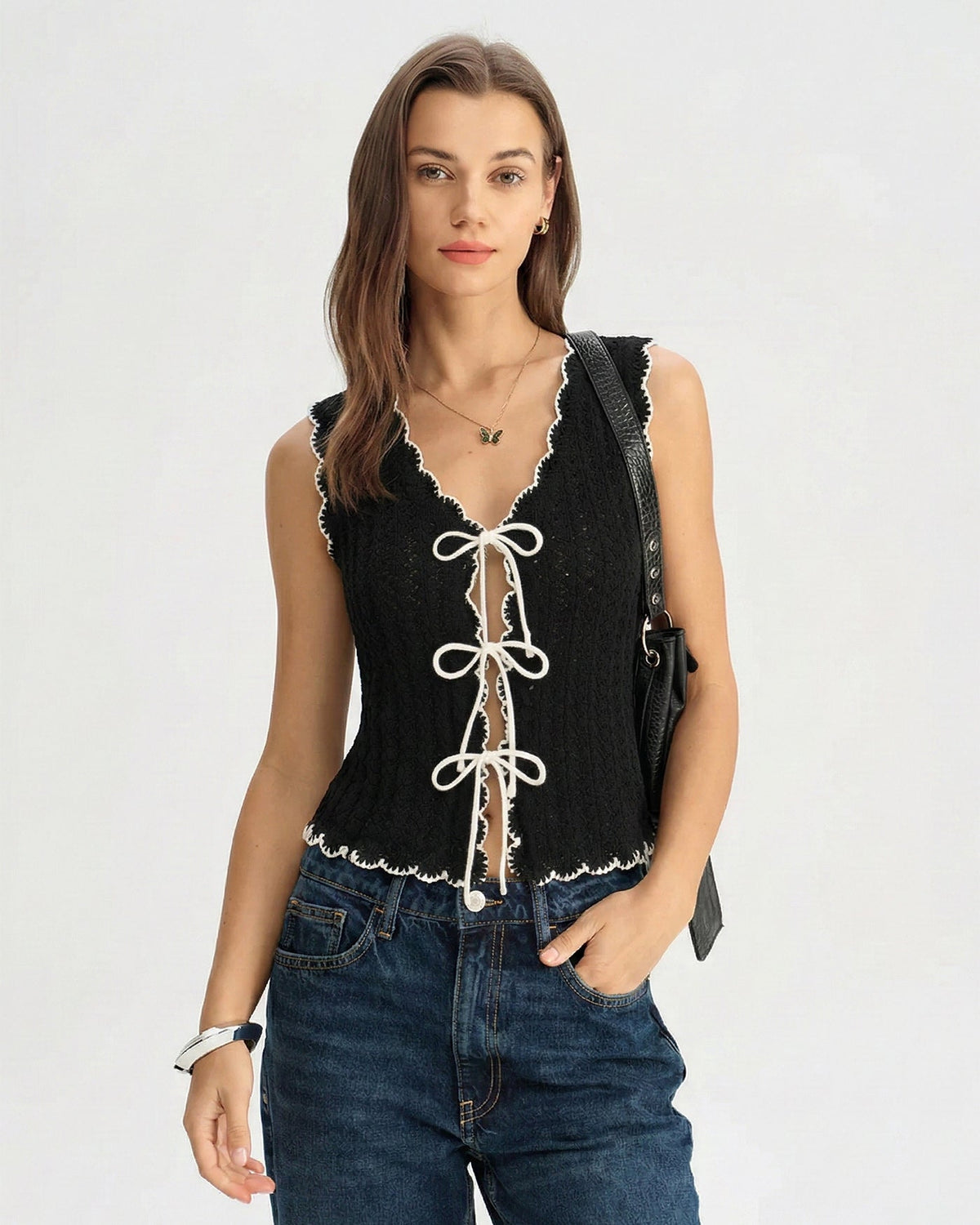 Black Contrast V Neck Knit Vest | Rihoas