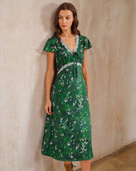 Green Floral V Neck Ruched Midi Dress | Rihoas