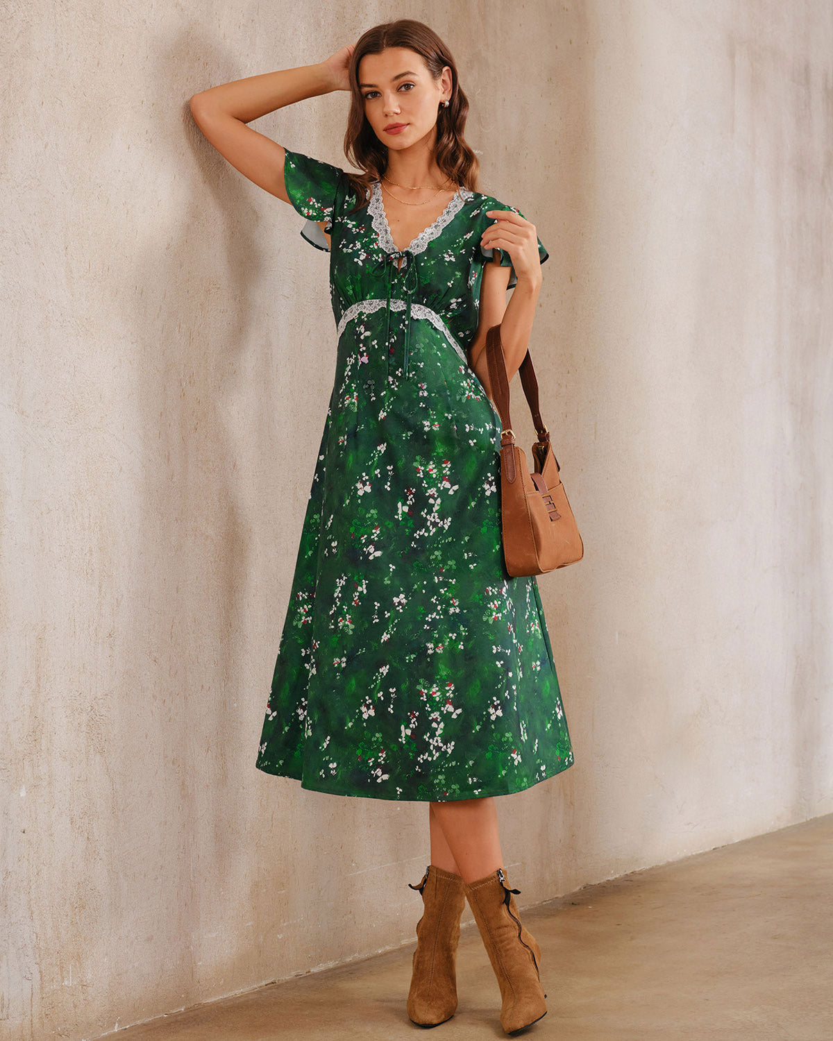 Green Floral V Neck Ruched Midi Dress | Rihoas