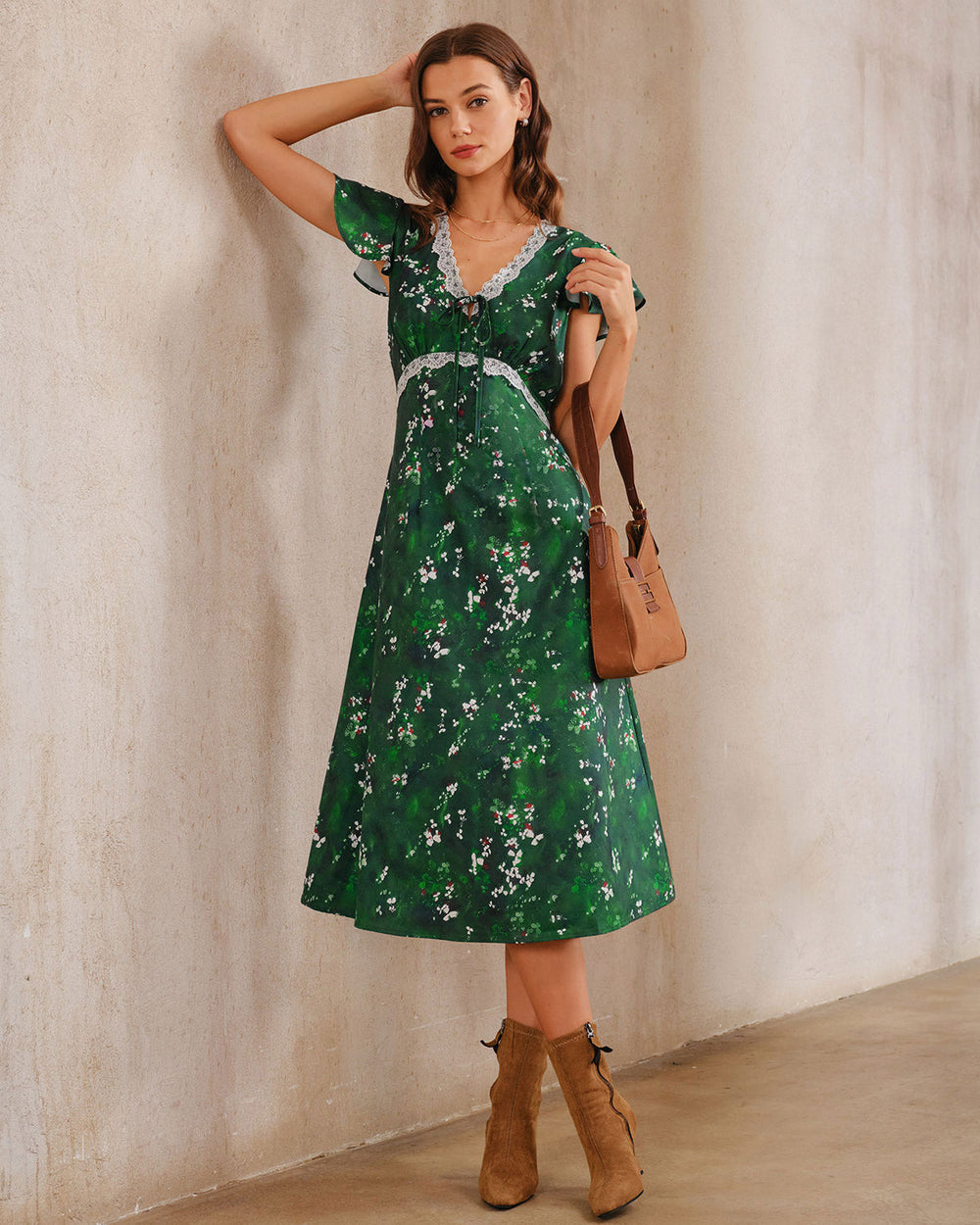 Green Floral V Neck Ruched Midi Dress | Rihoas