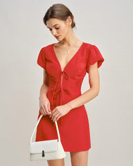 Red V Neck Tie Blouse | Rihoas