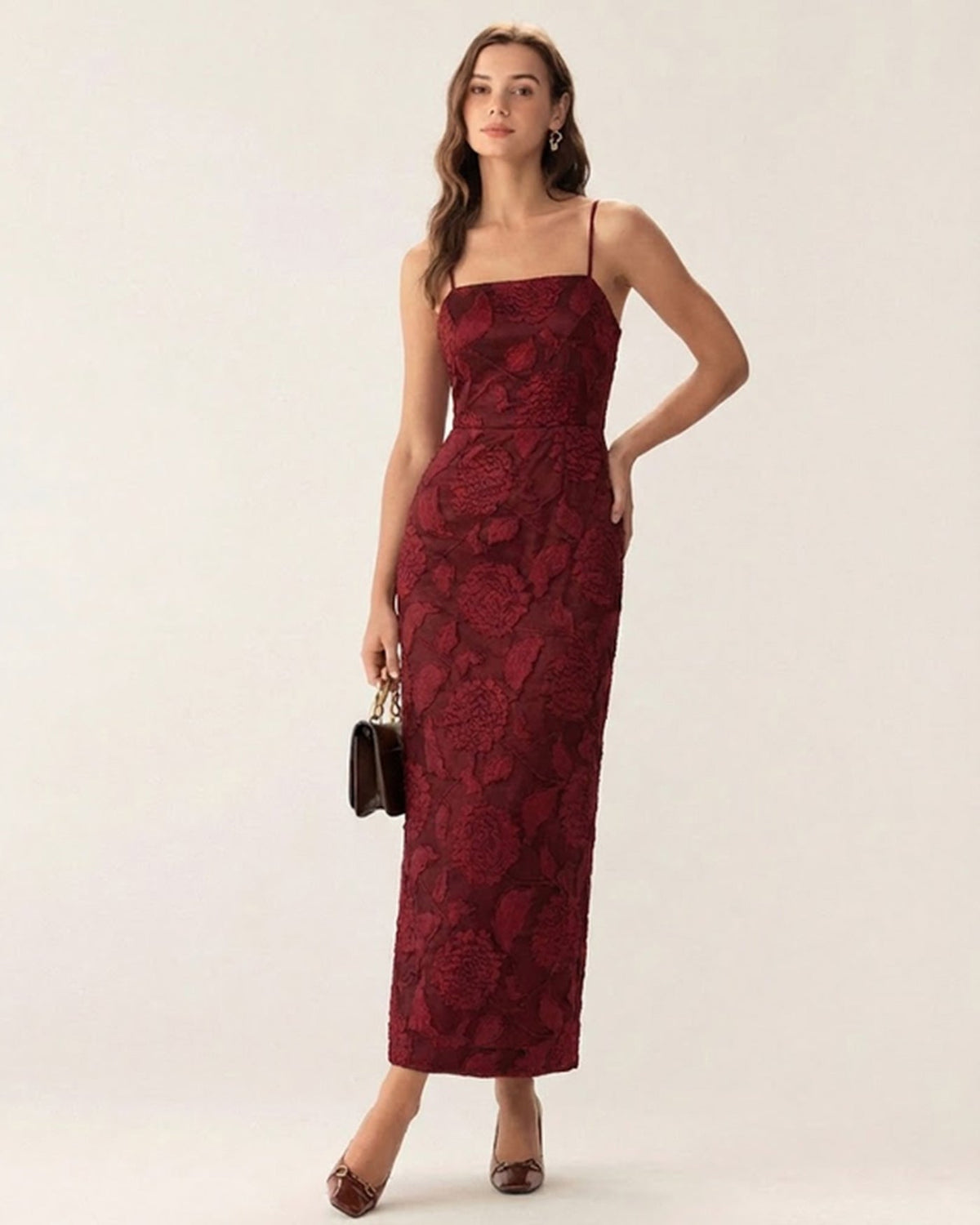 Red Jacquard Maxi Dress | Rihoas