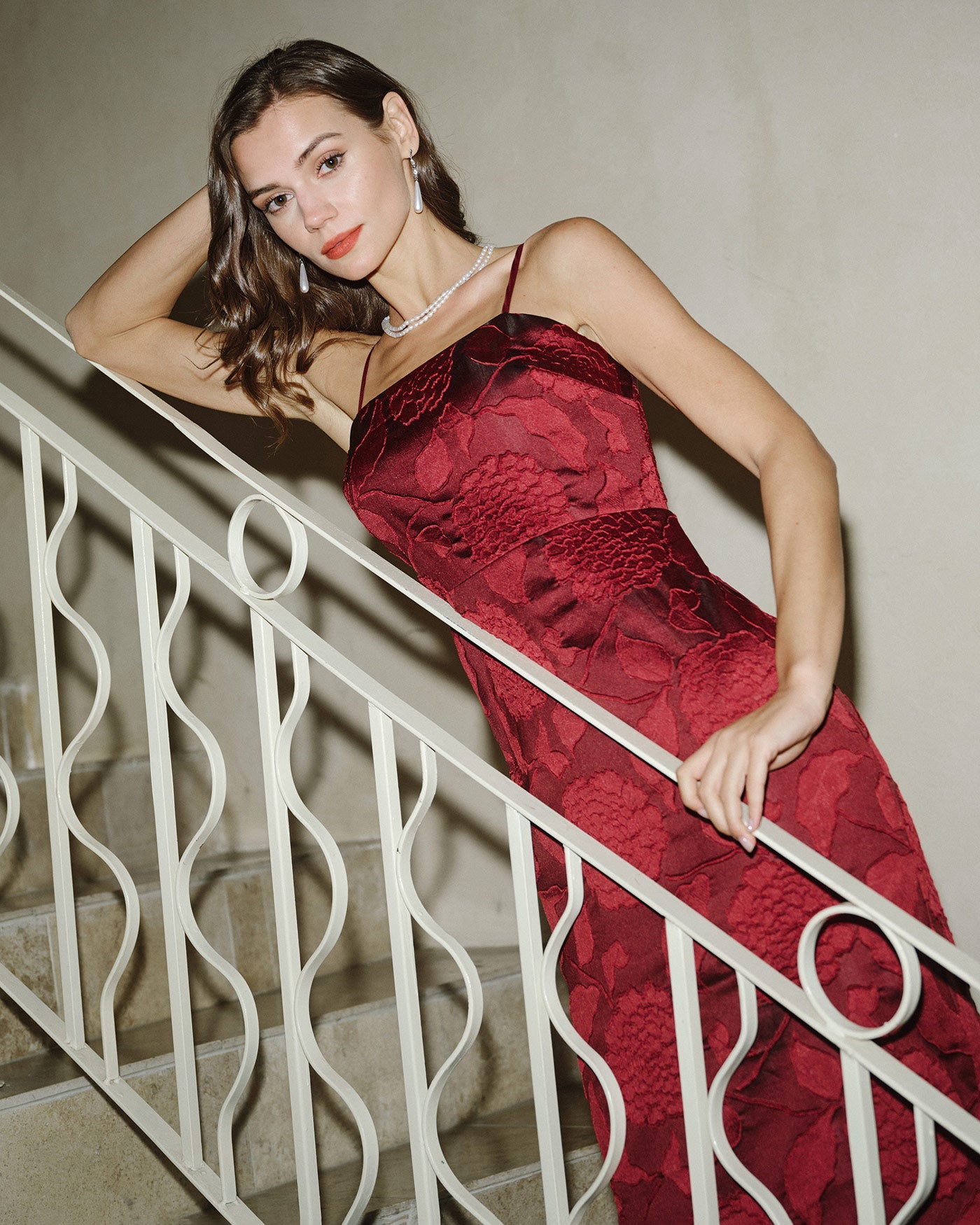 Red Jacquard Maxi Dress | Rihoas