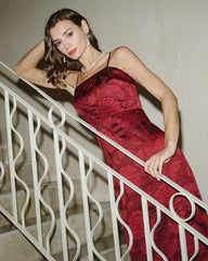 Red Jacquard Maxi Dress | Rihoas