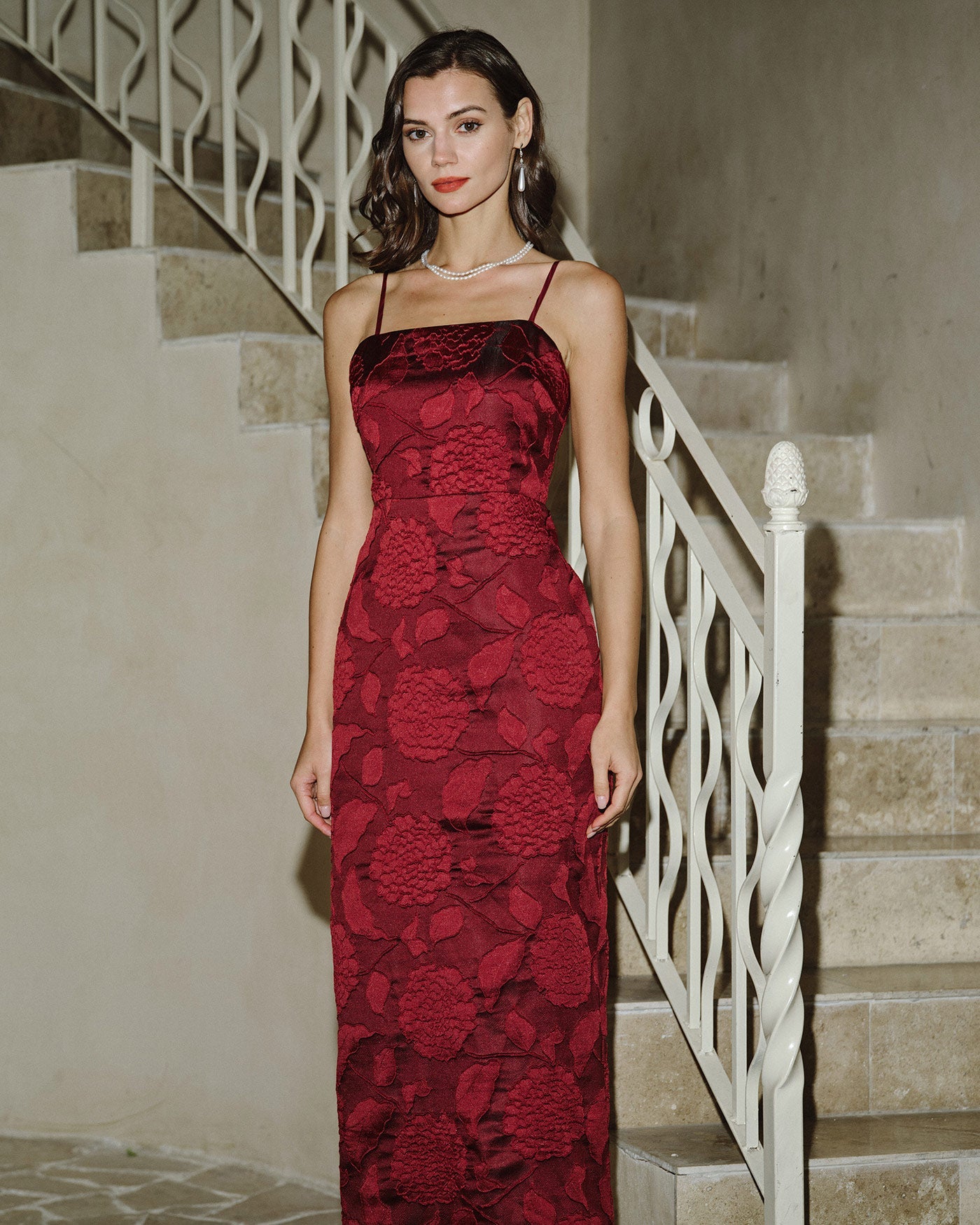 Red Jacquard Maxi Dress | Rihoas