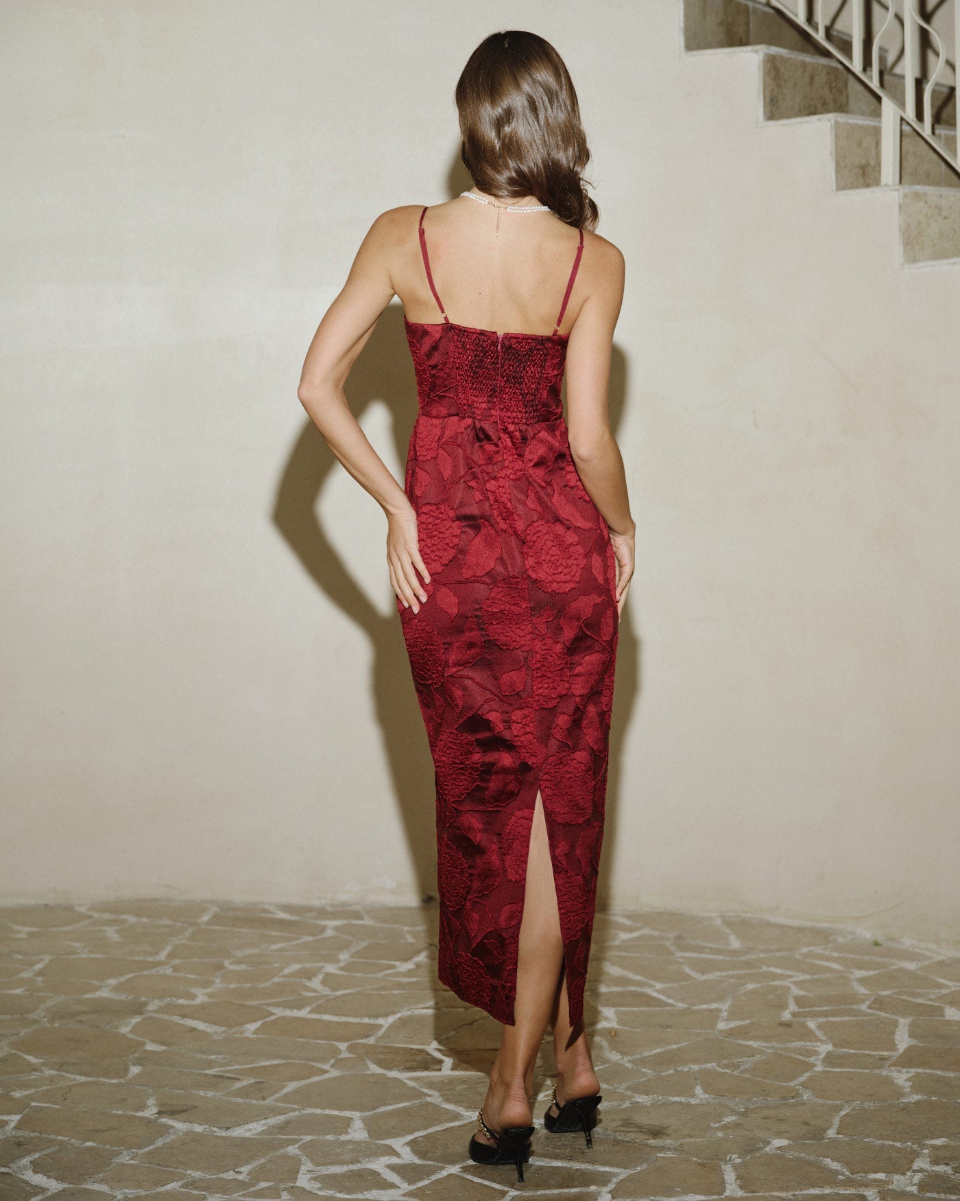 Red Jacquard Maxi Dress | Rihoas