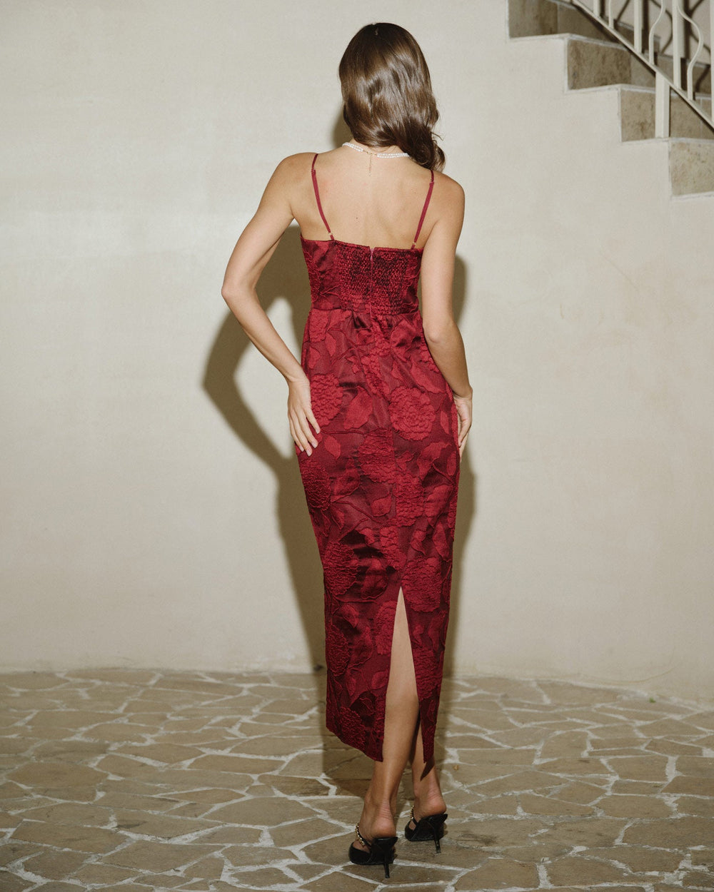 Red Jacquard Maxi Dress | Rihoas