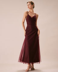 The Wine Red V Neck Mesh Wrap Maxi Dress | Rihoas
