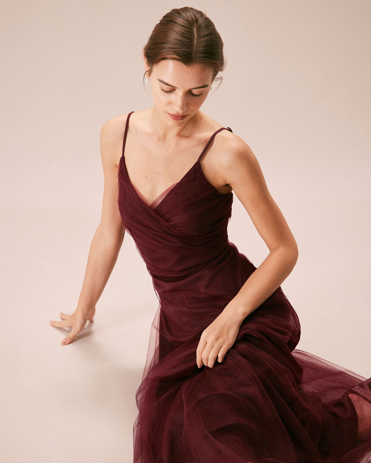 The Wine Red V Neck Mesh Wrap Maxi Dress | Rihoas