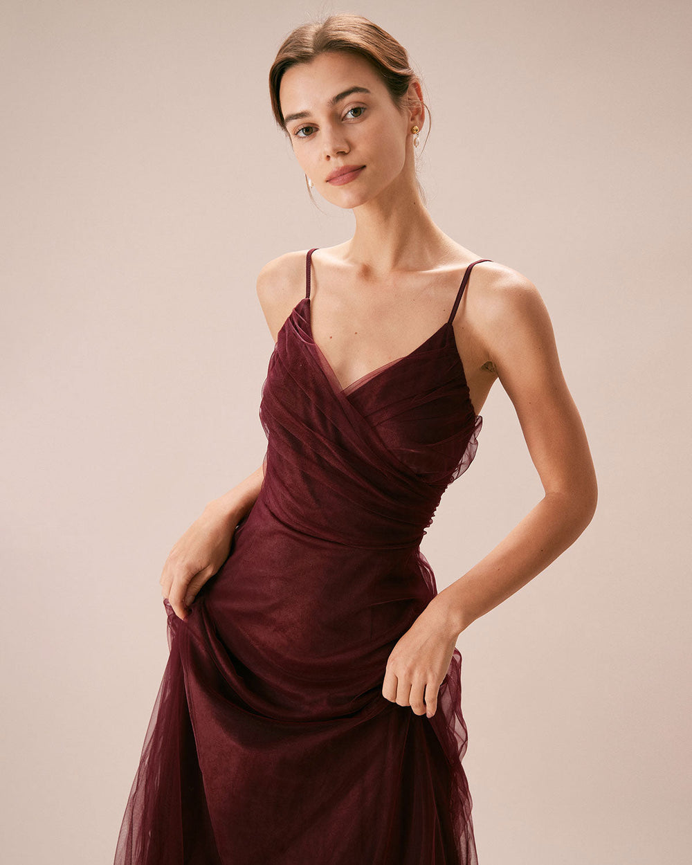 The Wine Red V Neck Mesh Wrap Maxi Dress | Rihoas