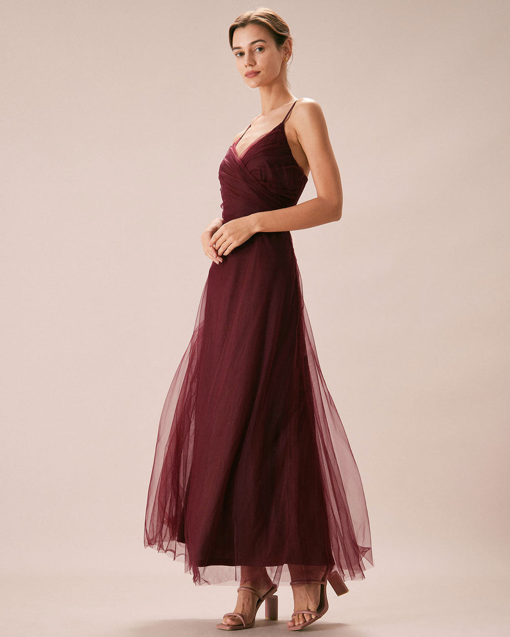 The Wine Red V Neck Mesh Wrap Maxi Dress | Rihoas