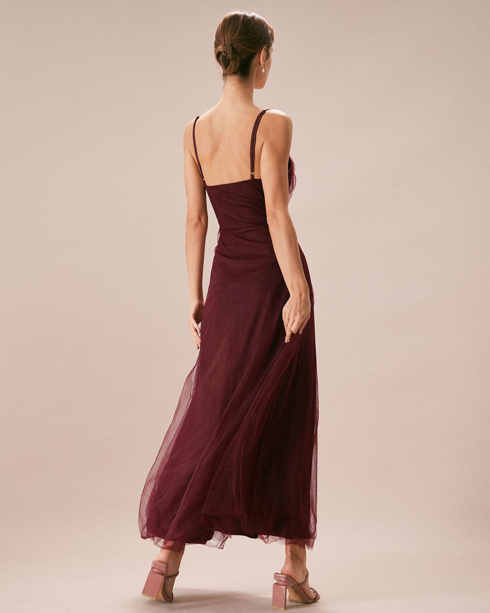 The Wine Red V Neck Mesh Wrap Maxi Dress | Rihoas