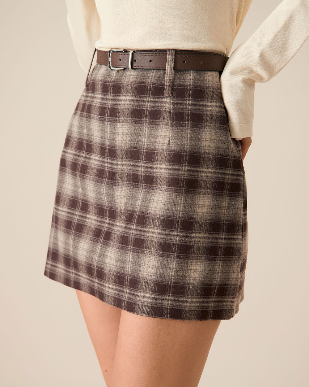 Brown Plaid Straight Mini Skirt | Rihoas