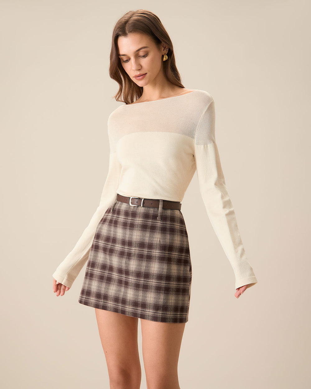Brown Plaid Straight Mini Skirt | Rihoas