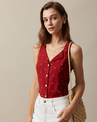 The Red V Neck Polka Dot Print Sleeveless Vest | Rihoas