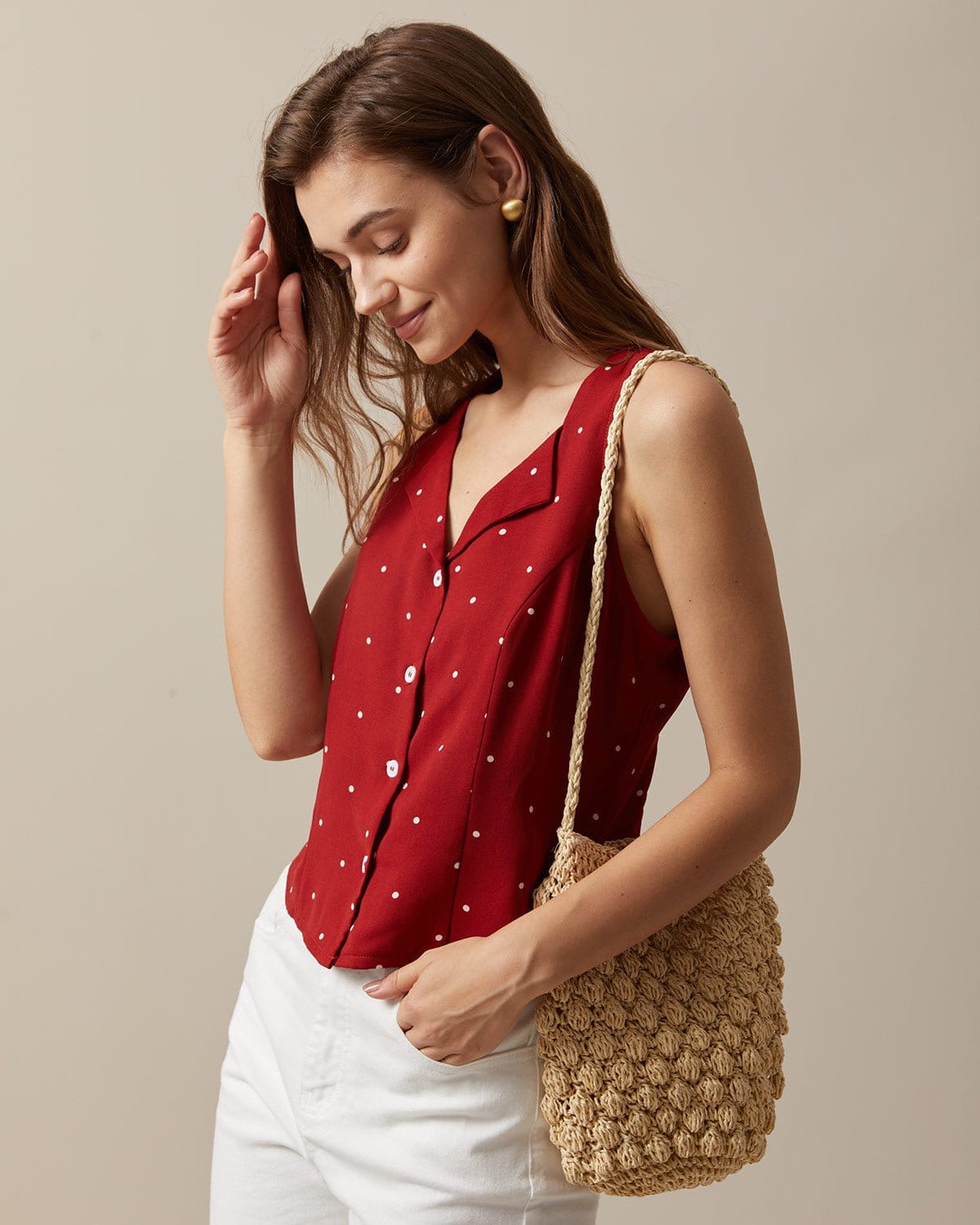 The Red V Neck Polka Dot Print Sleeveless Vest | Rihoas