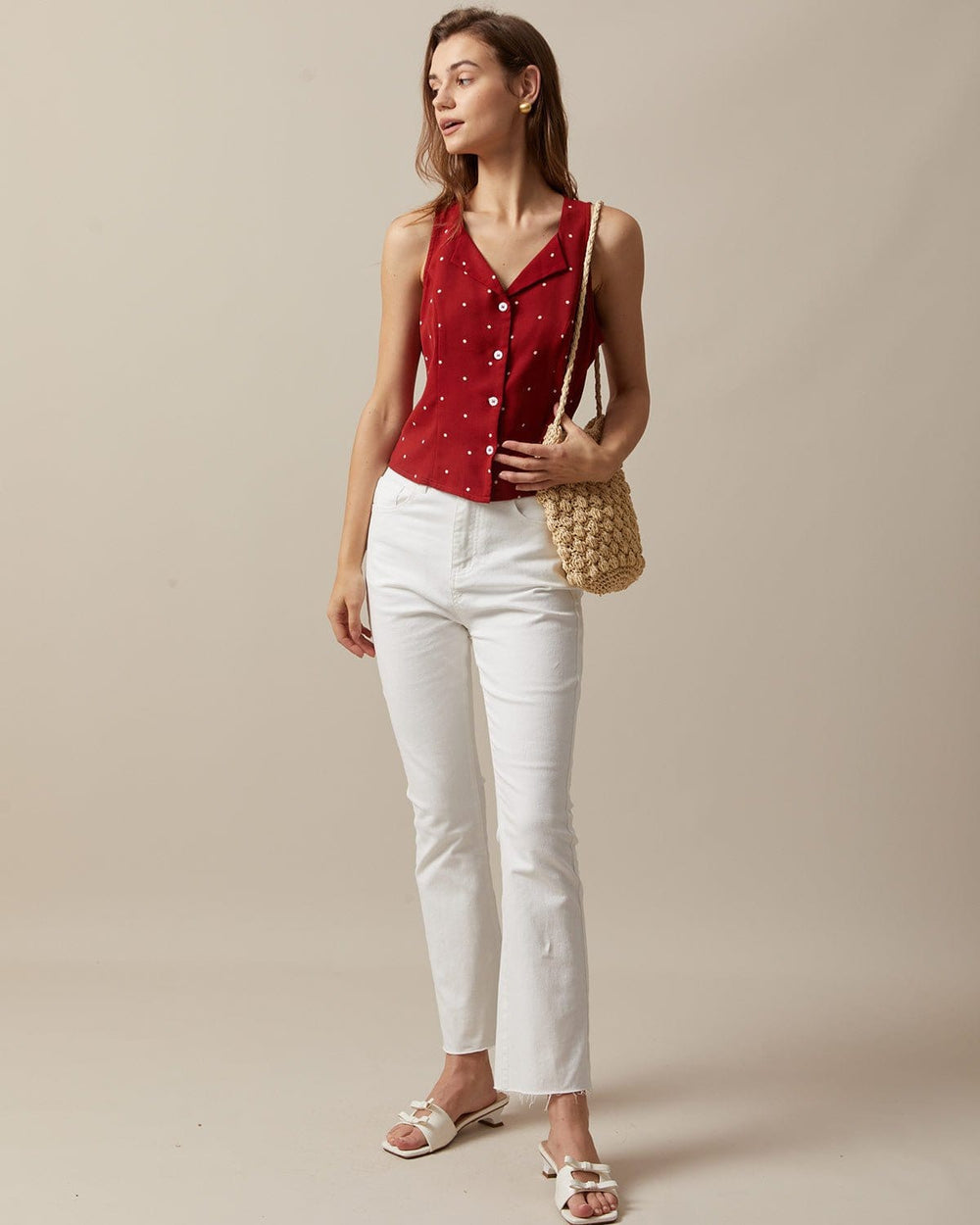 The Red V Neck Polka Dot Print Sleeveless Vest | Rihoas