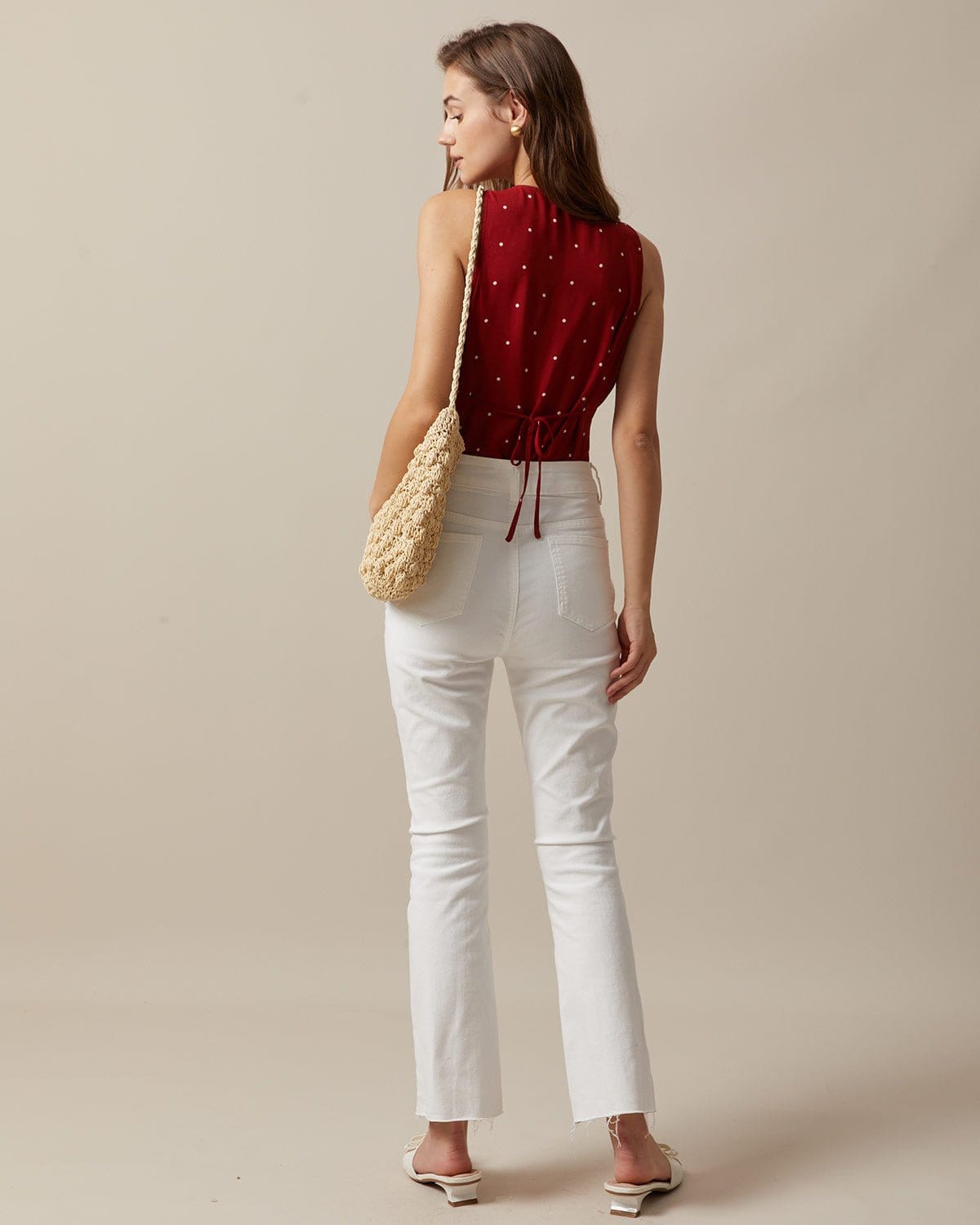 The Red V Neck Polka Dot Print Sleeveless Vest | Rihoas