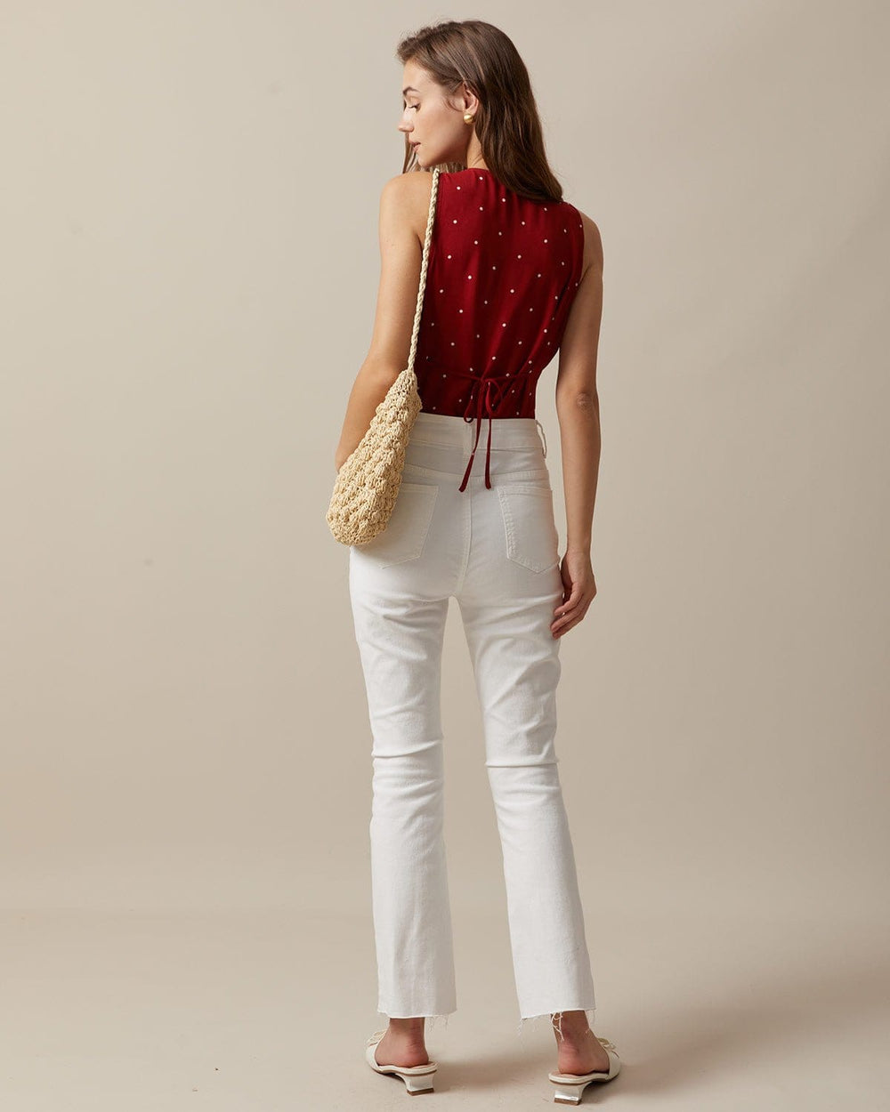 The Red V Neck Polka Dot Print Sleeveless Vest | Rihoas