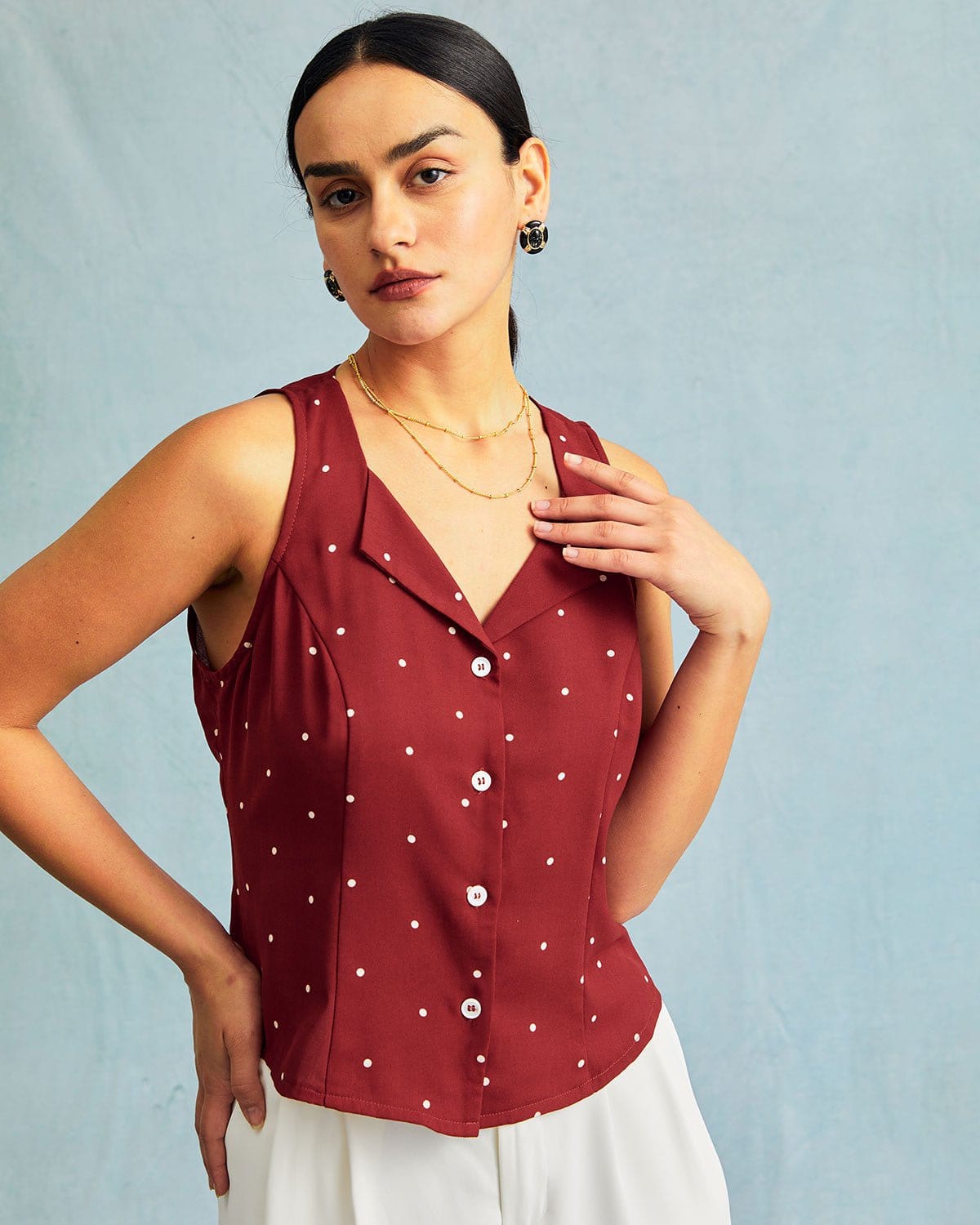 The Red V Neck Polka Dot Print Sleeveless Vest | Rihoas