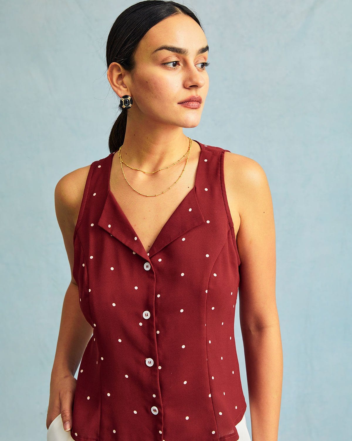 The Red V Neck Polka Dot Print Sleeveless Vest | Rihoas