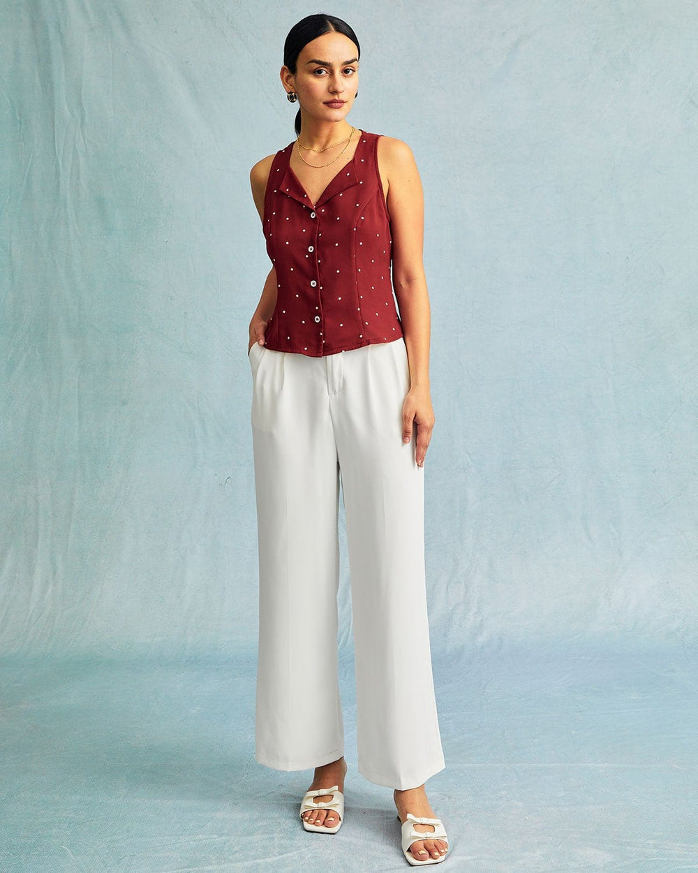 The Red V Neck Polka Dot Print Sleeveless Vest | Rihoas