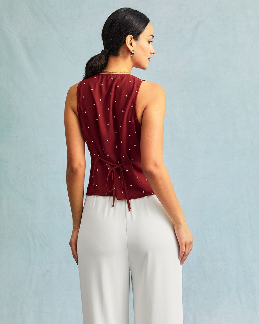 The Red V Neck Polka Dot Print Sleeveless Vest | Rihoas