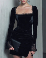 Black Square Neck Velour Mini Dress | Rihoas