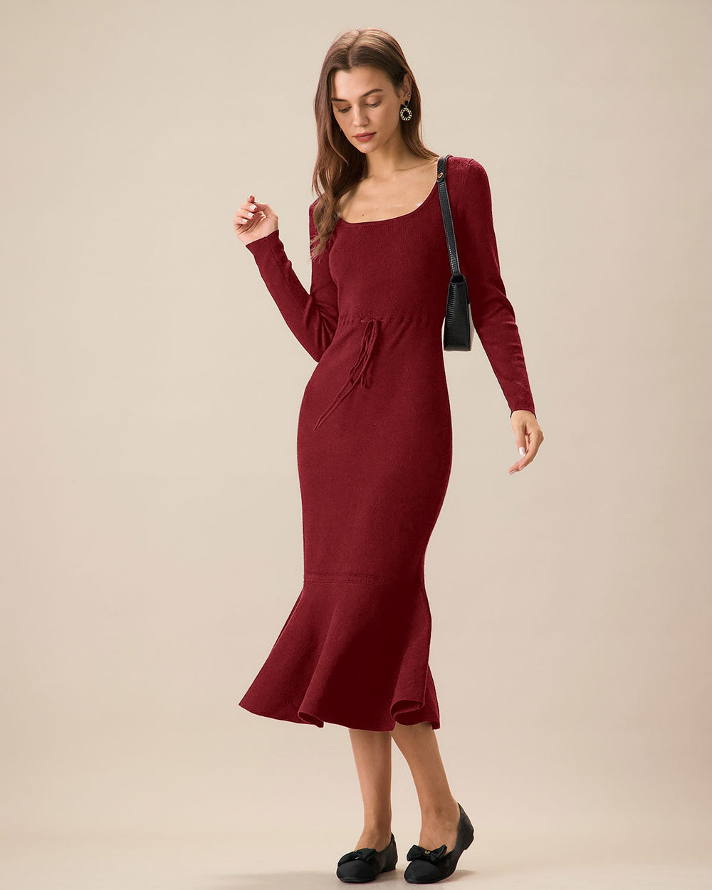 Red Square Neck Mermaid Sweater Dress | Rihoas
