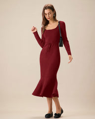 Red Square Neck Mermaid Sweater Dress | Rihoas