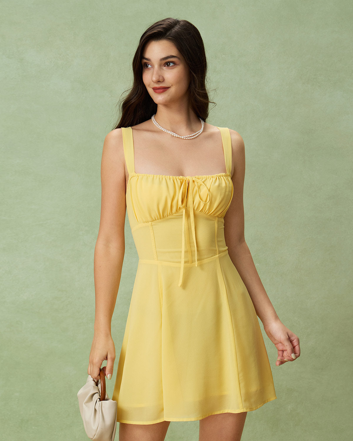 Yellow Square Neck Ruched Mini Dress | Rihoas