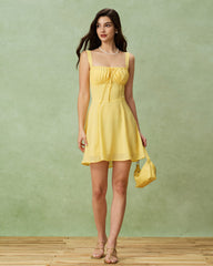 Yellow Square Neck Ruched Mini Dress | Rihoas
