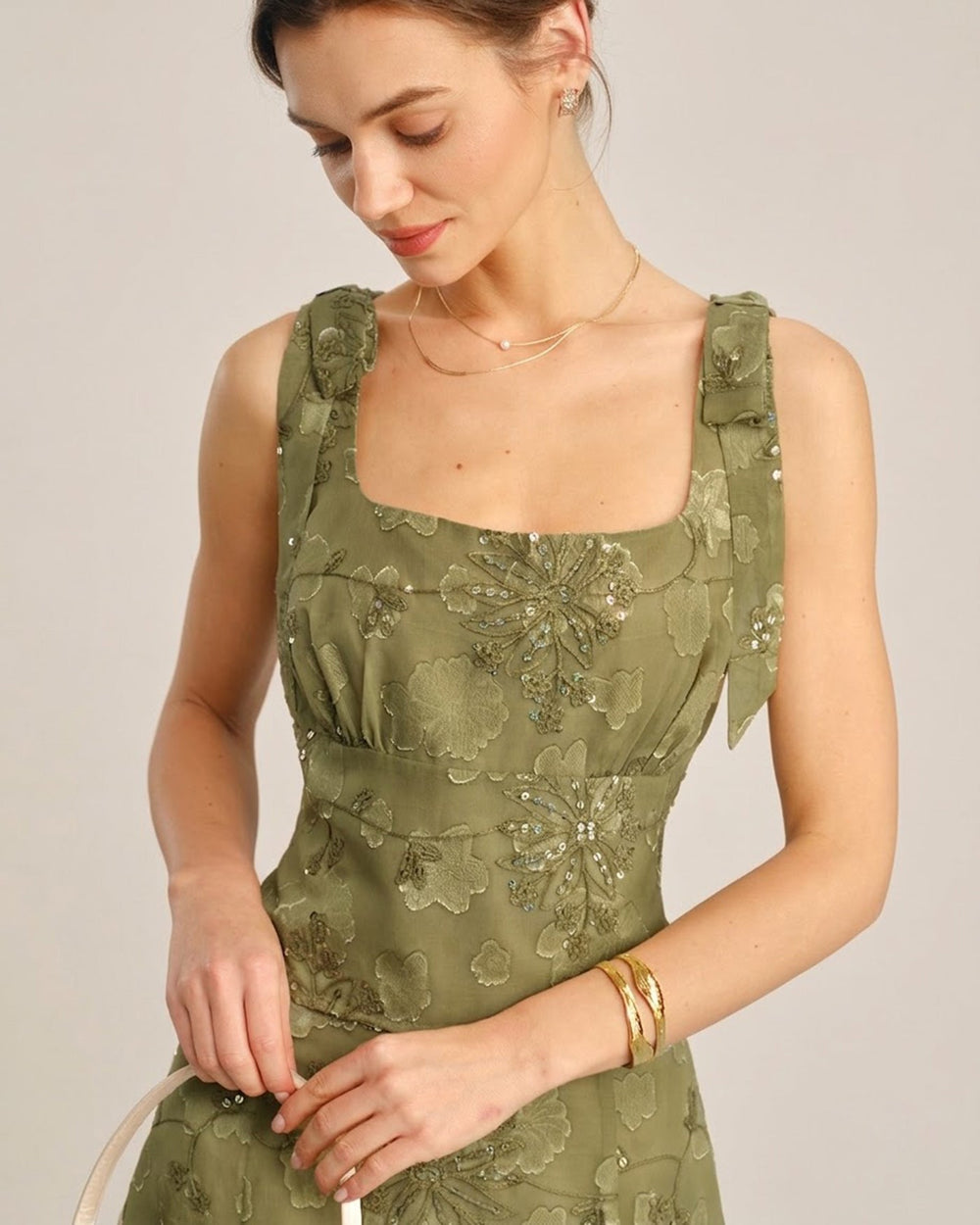 Green Square Neck Jacquard Tank Top | Rihoas