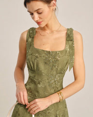 Green Square Neck Jacquard Tank Top | Rihoas