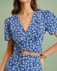 Blue V Neck Floral Tee | Rihoas