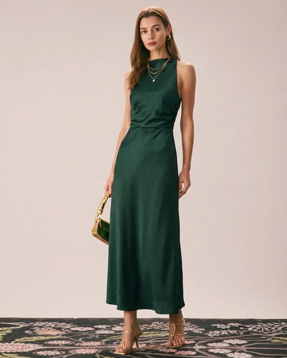 Green Cowl Neck Satin Maxi Dress | Rihoas