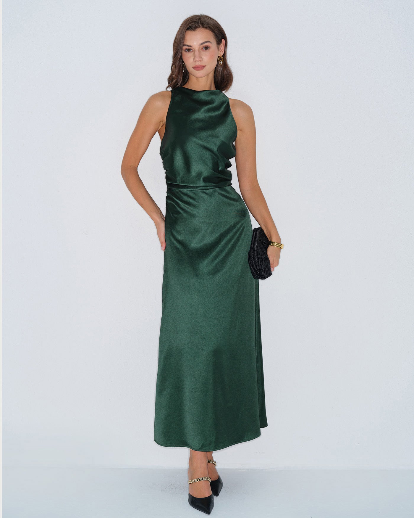 Green Cowl Neck Satin Maxi Dress | Rihoas